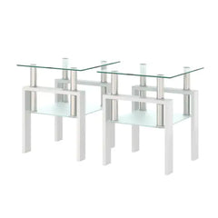 Set Of 2, Modern Tempered Glass Tea Table Coffee Table End Table, Square Table For Living Room, Transparent White